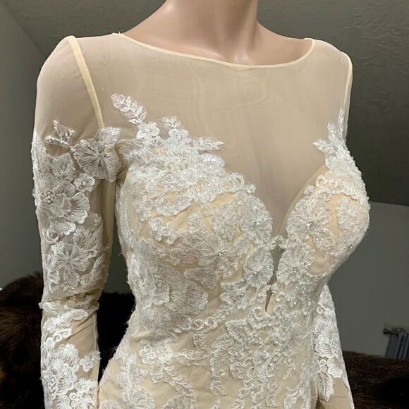 Custom Long Sleeves Embroidered Floral Lace With Sequins and Crystal Beads Gown - Picture 6 of 16